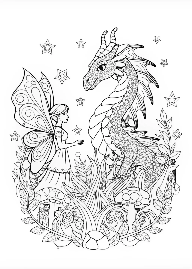 A coloring page of Fairy and Dragon Enchanted Encounter Coloring Page