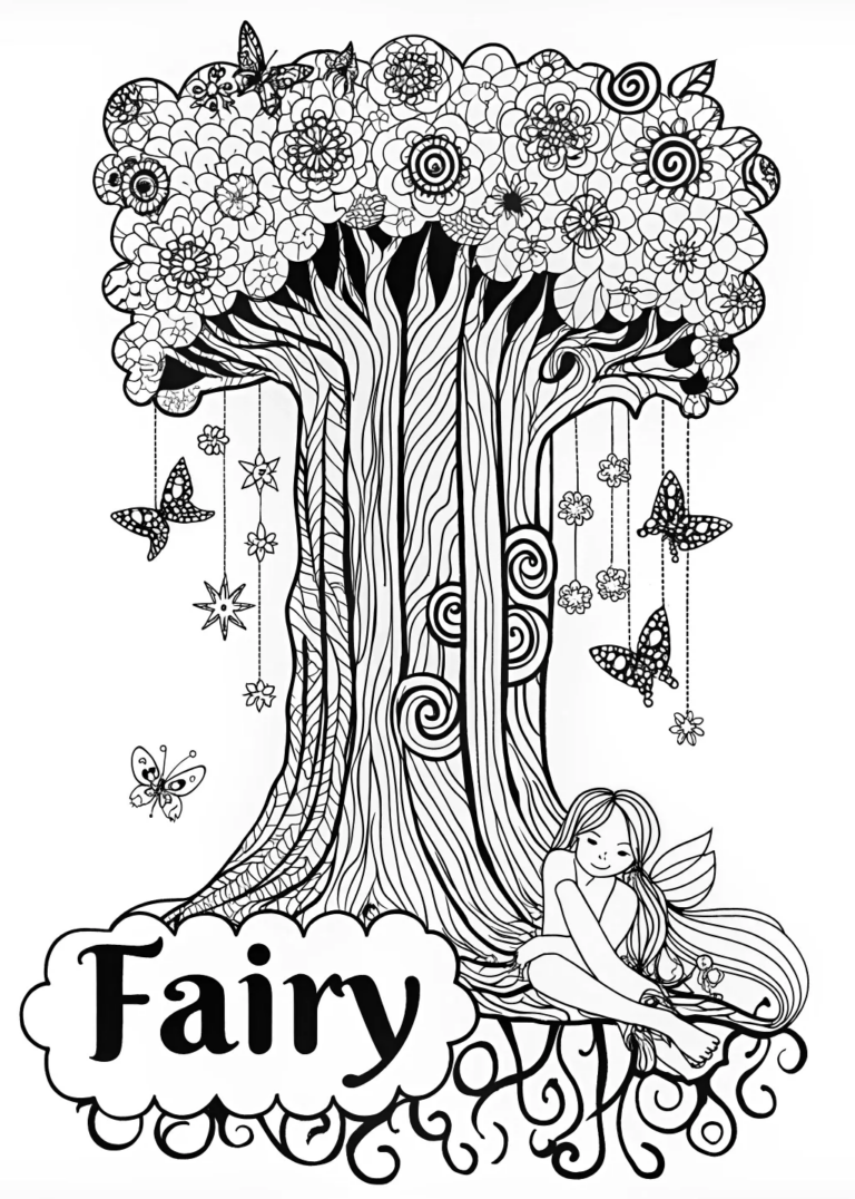 A coloring page of Fairy Dreaming Under the Enchanted Tree