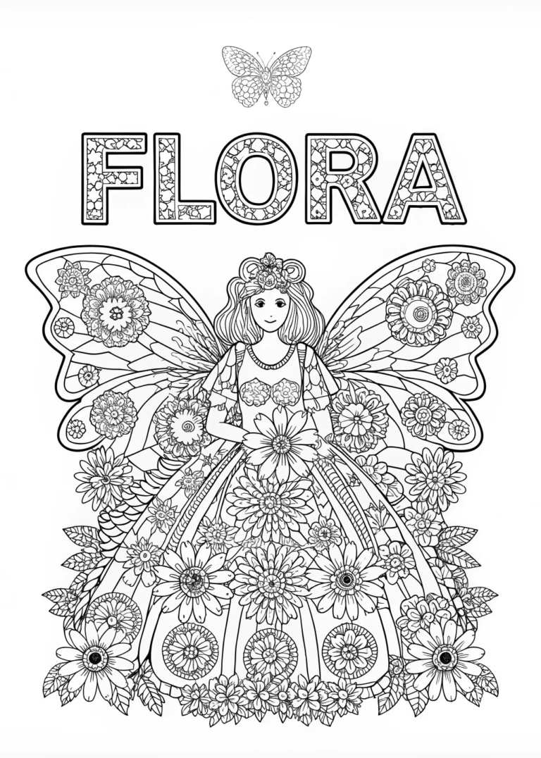 A coloring page of Fairy Flora’s Enchanted Flower Dress