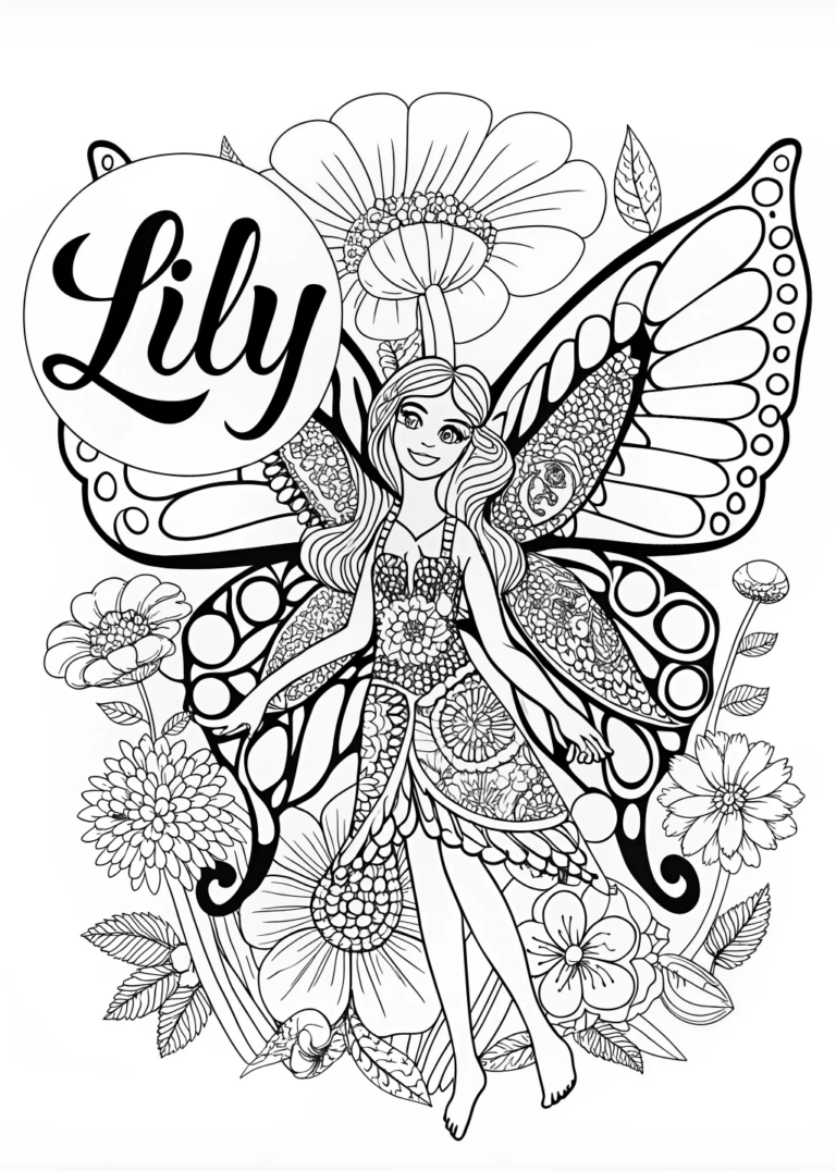 A coloring page of Fairy Lily and Magical Butterflies Coloring Page