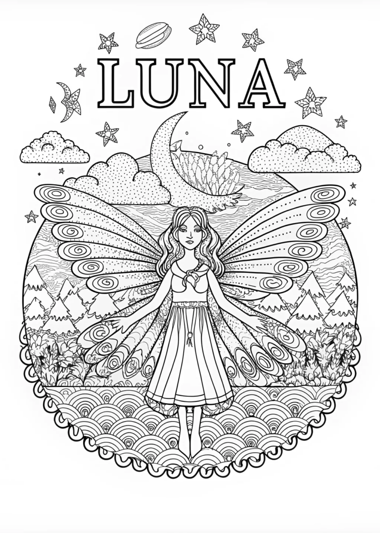 A coloring page of Fairy Luna’s Enchanted Night Flight