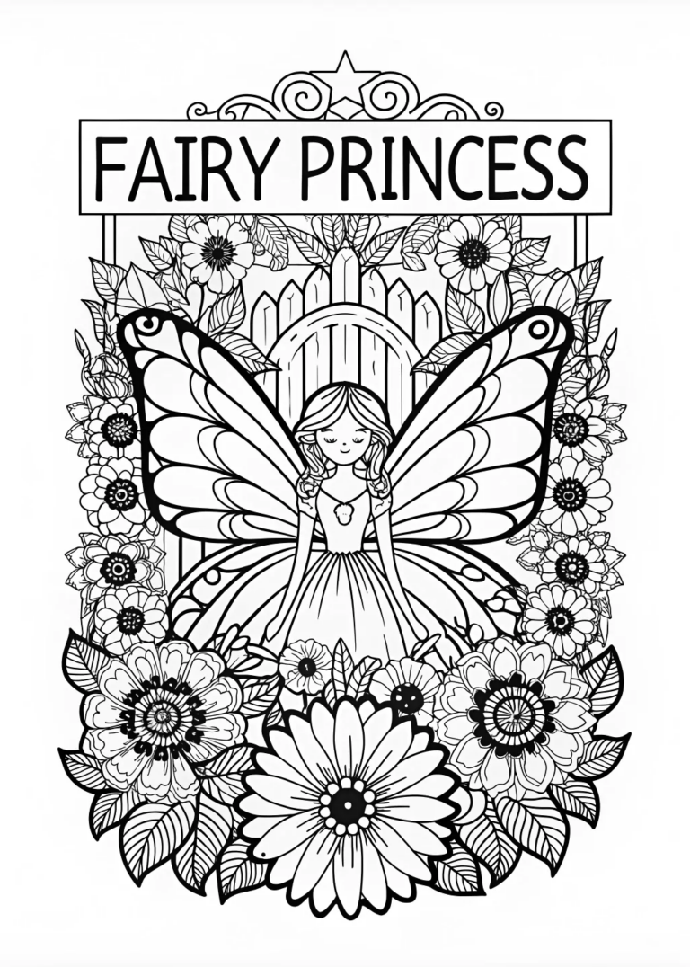 A coloring page of Fairy Princess in a Flower Garden Coloring Page