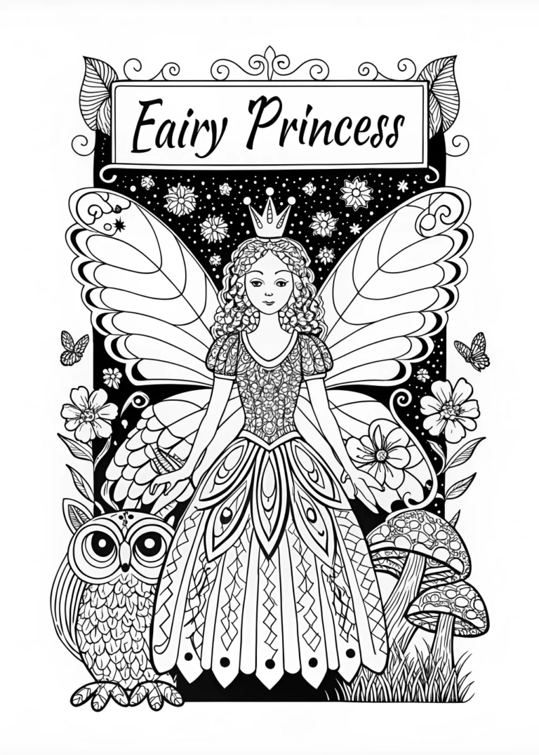 A coloring page of Fairy Princess with Her Owl Companion