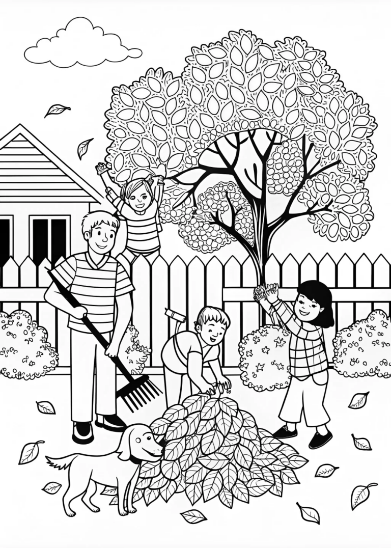 Family Fun Raking Leaves coloring pages