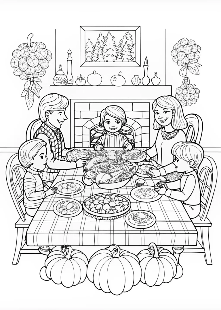 A coloring page of Family Gathering for Thanksgiving Dinner