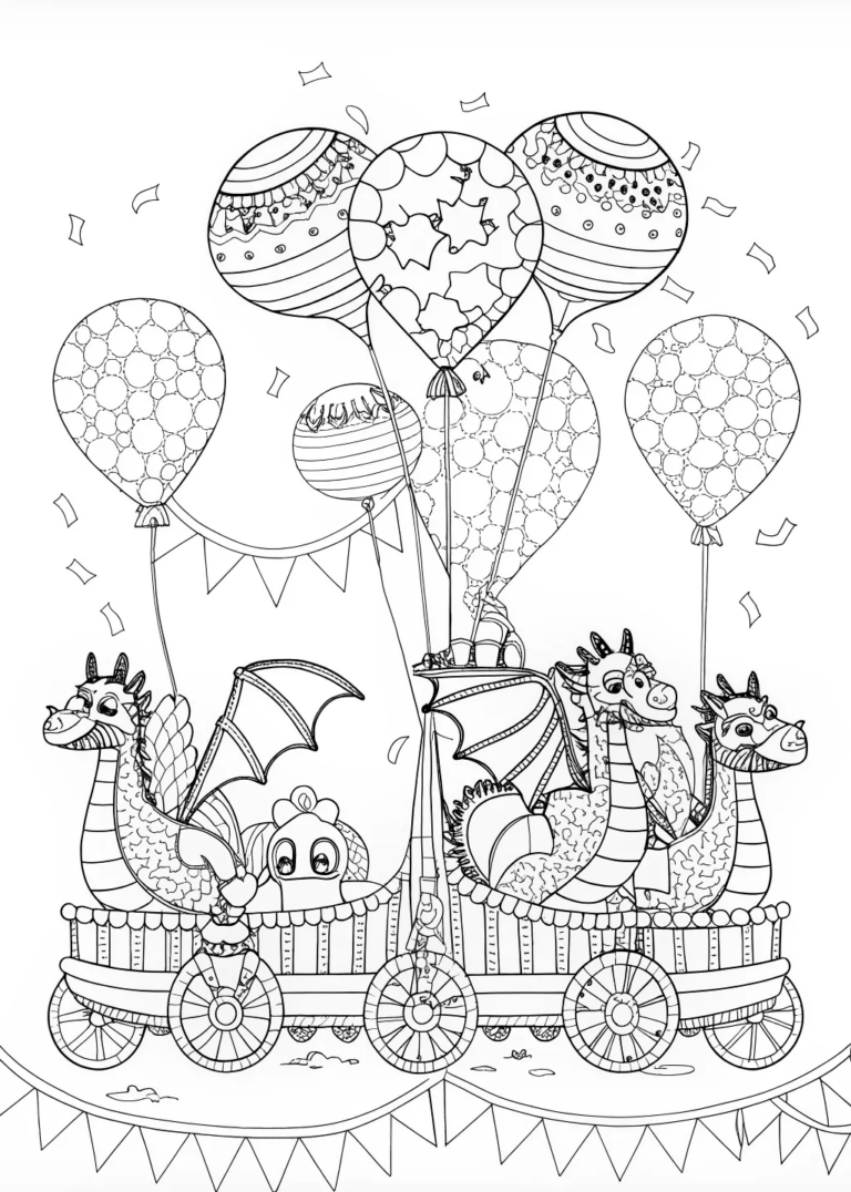 Fantasy Parade with Dragons and Balloons coloring pages