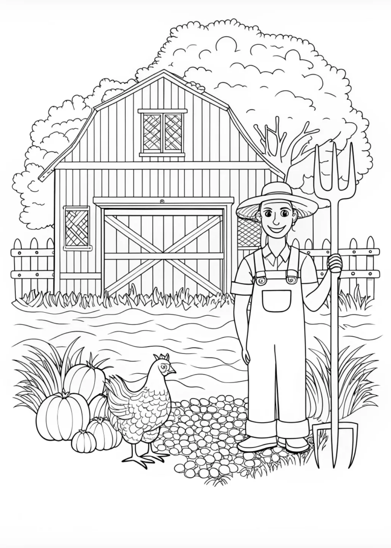 Farmer and Chicken on the Farm coloring pages