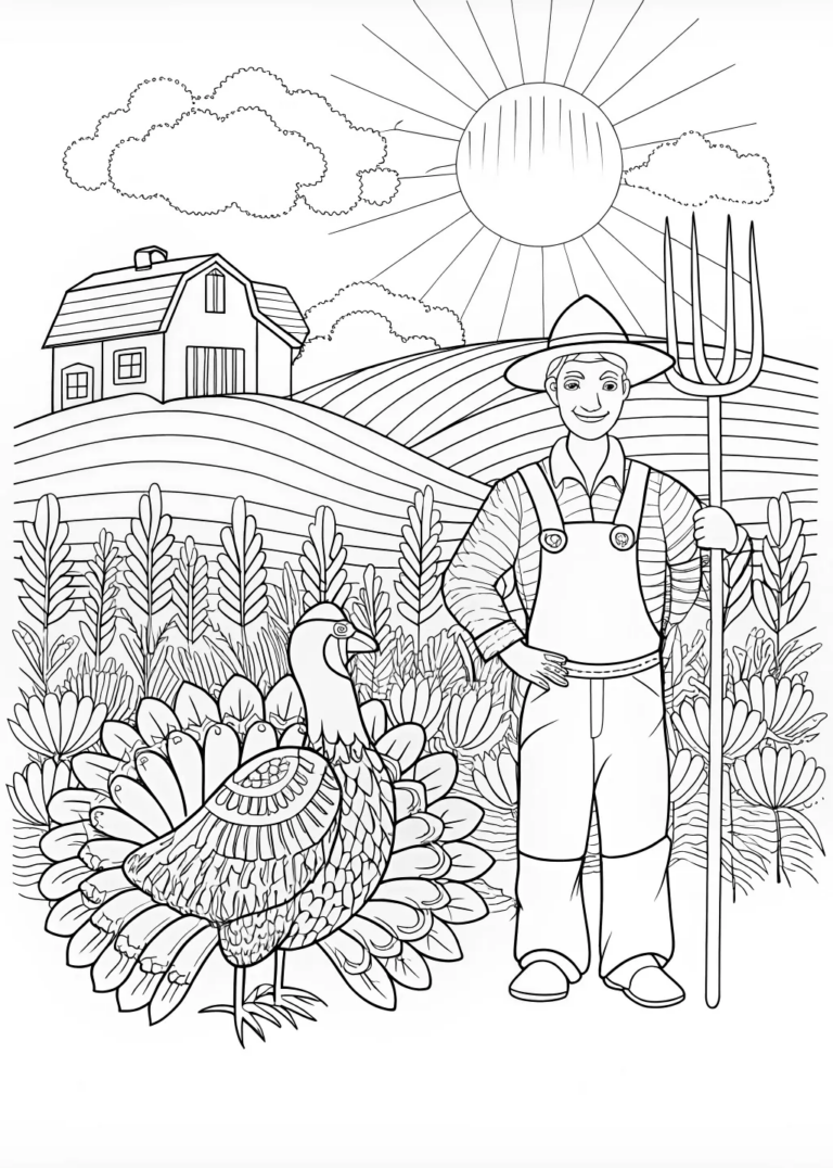 A coloring page of Farmer and His Proud Turkey in the Field