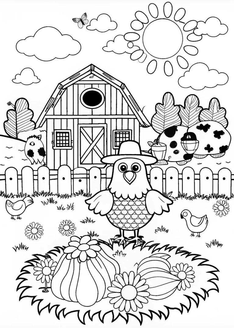 “Farmyard Scene with Henny the Hen” coloring pages