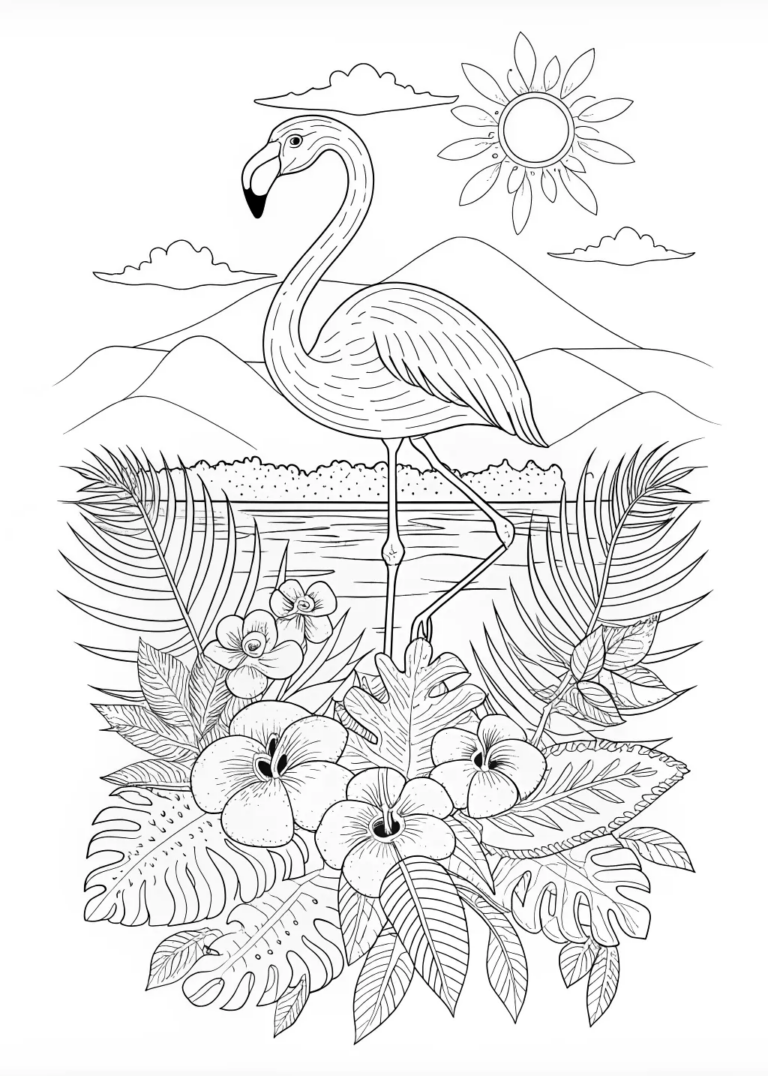 A coloring page of Flamingo in a Tropical Paradise Coloring Page