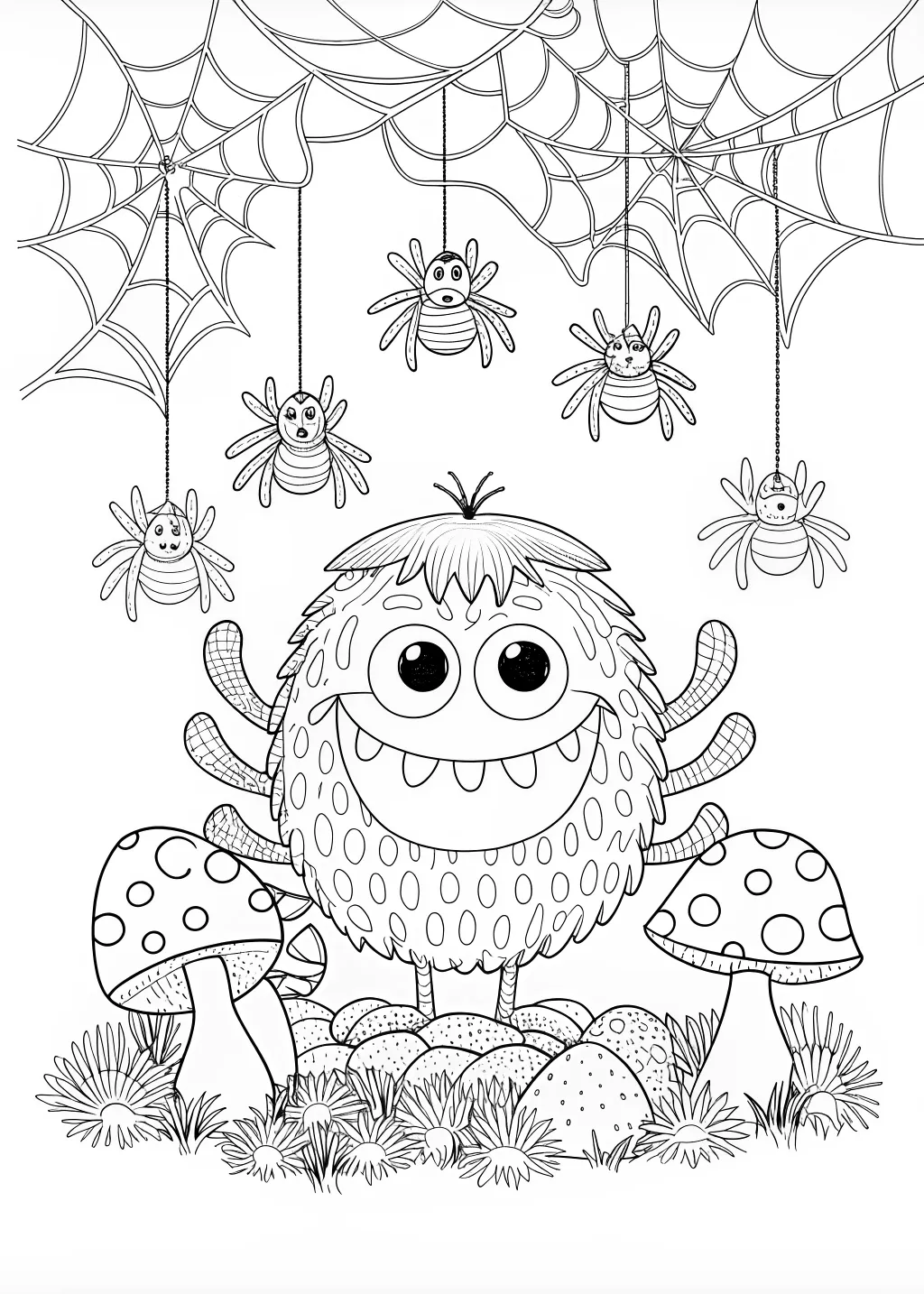 Friendly Monster and Spiders Coloring Fun