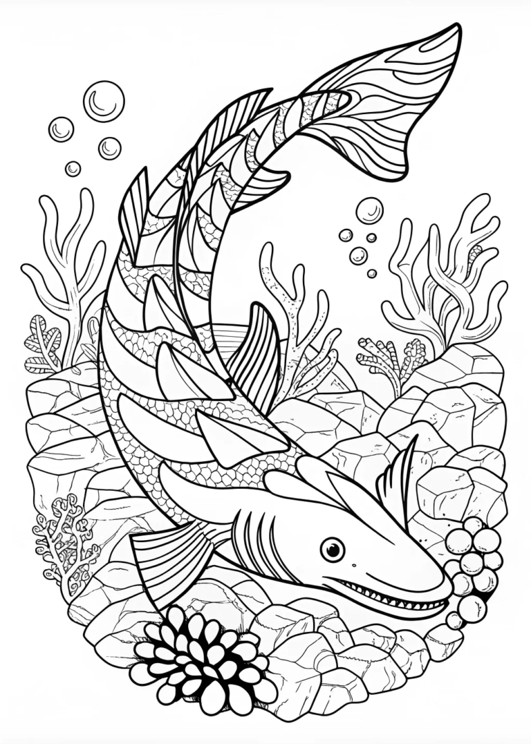 A coloring page of Leaping Prehistoric Shark Adventure