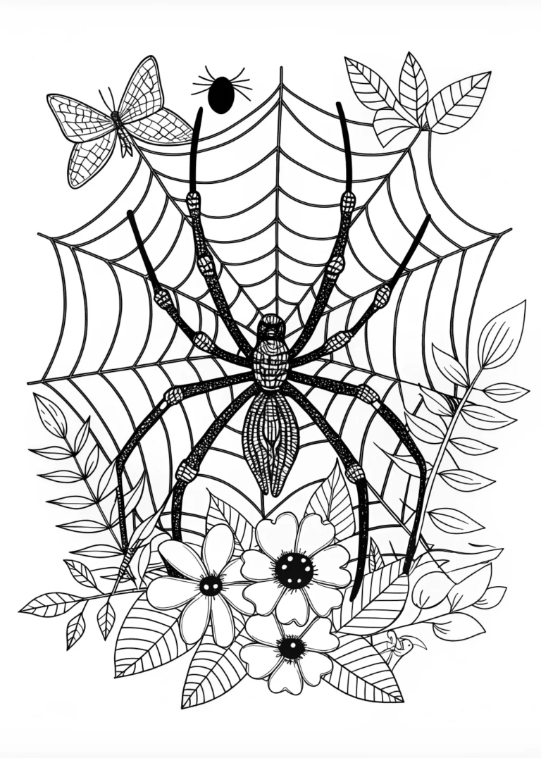 A coloring page of Spider in the Garden Coloring Page