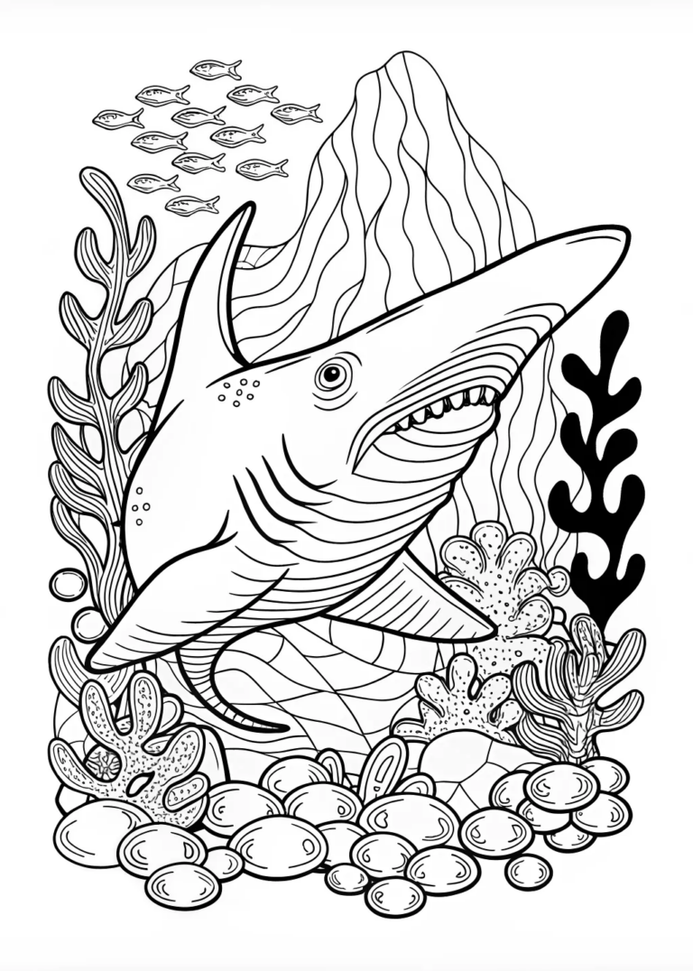 A coloring page of Ocean Adventure with the Great White Shark