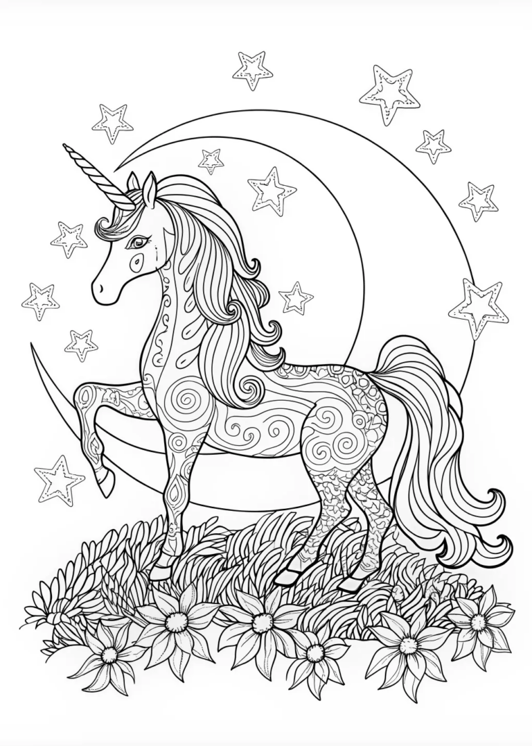 A coloring page of Unicorn’s Moonlit Valley Adventure