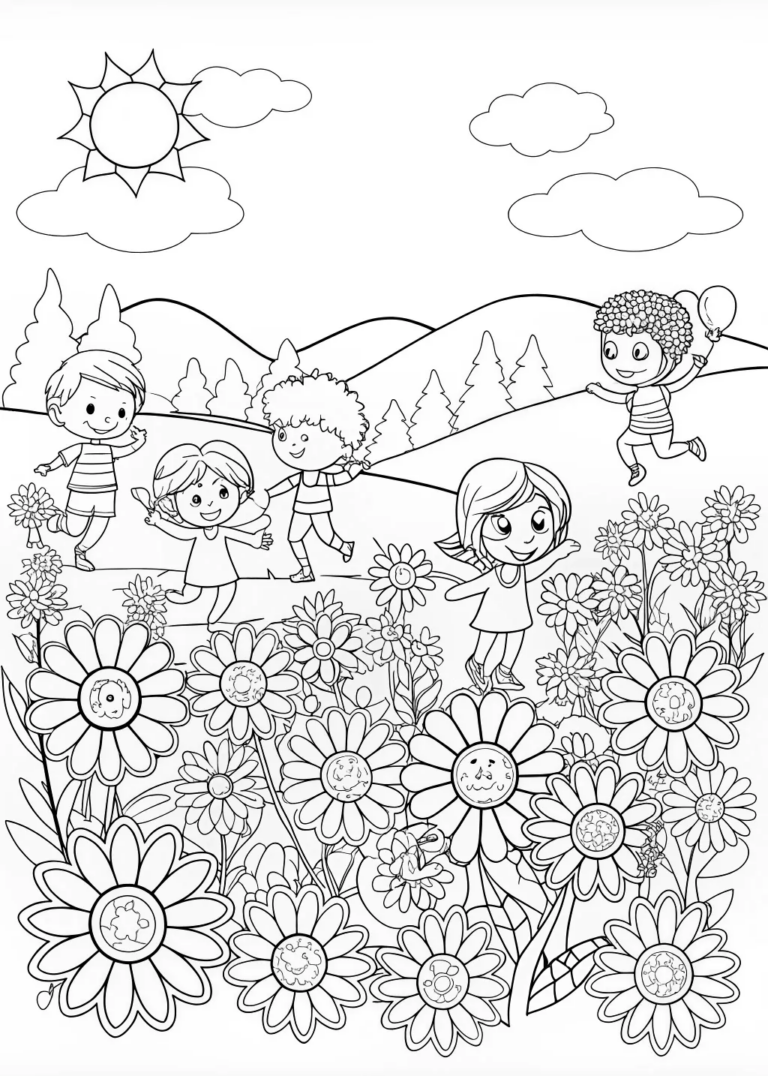 Happy Kids Playing in a Flower Field coloring pages