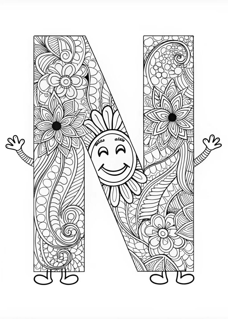 A coloring page of Happy Letter N Coloring Page