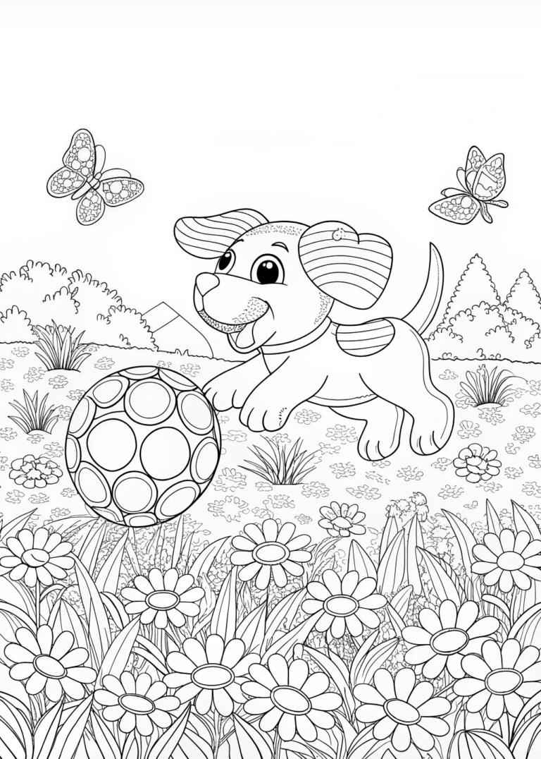 Happy Puppy Playing with a Toy Ball coloring pages