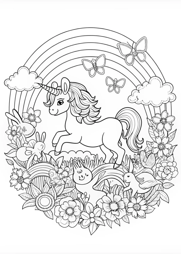 A coloring page of Majestic Unicorn in the Enchanted Mountains Coloring Page