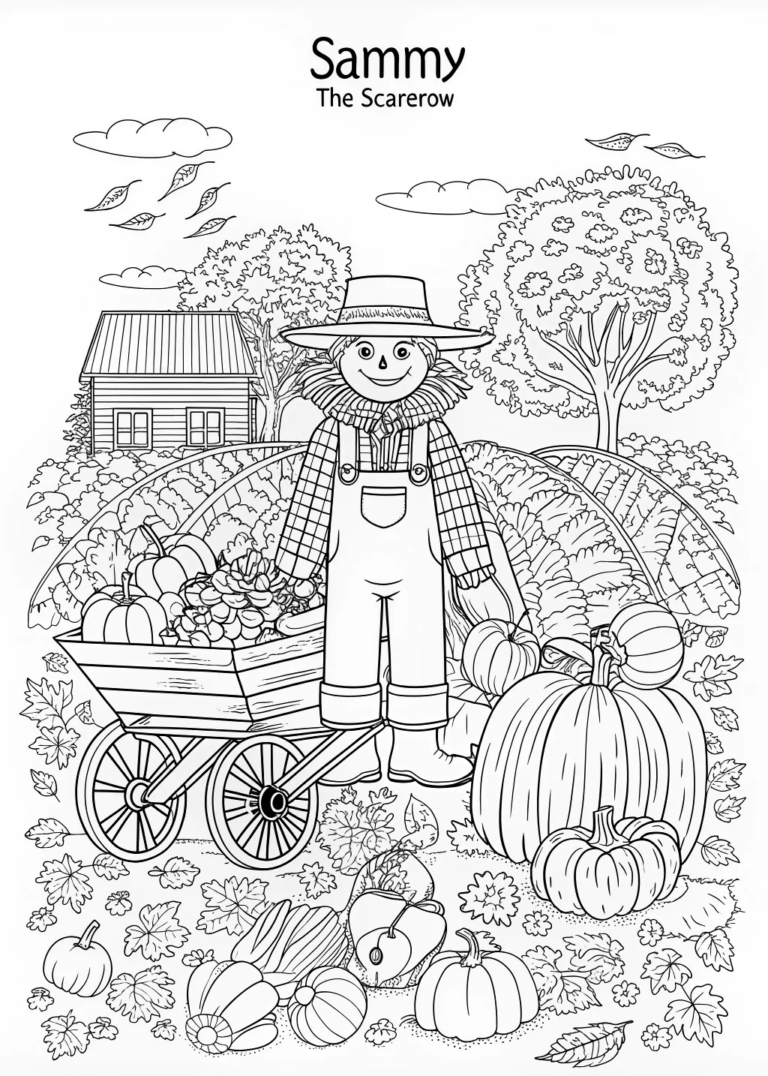 A coloring page of Harvest Time with Sammy the Scarecrow