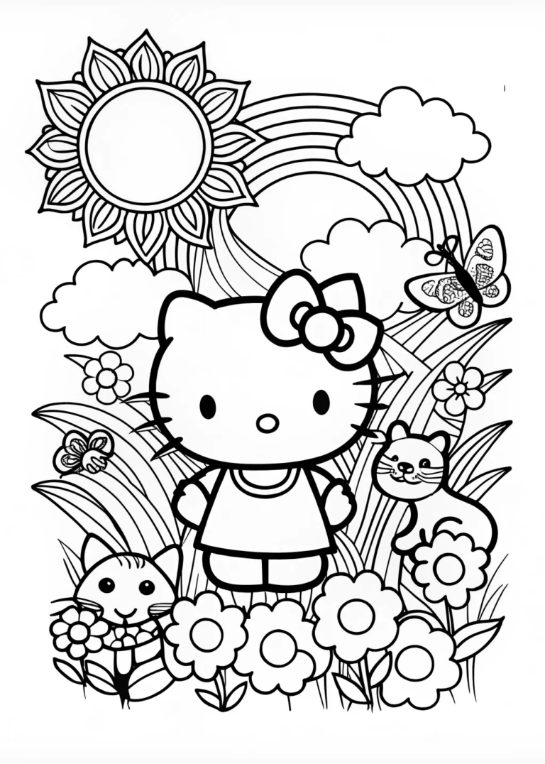 A coloring page of Hello Kitty Floral Fun Coloring Page