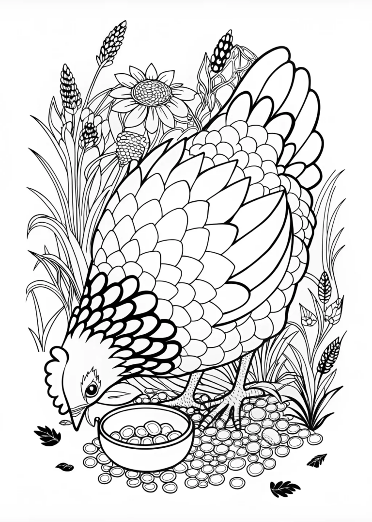 Hen Eating Seeds – Intricate Coloring Page coloring pages