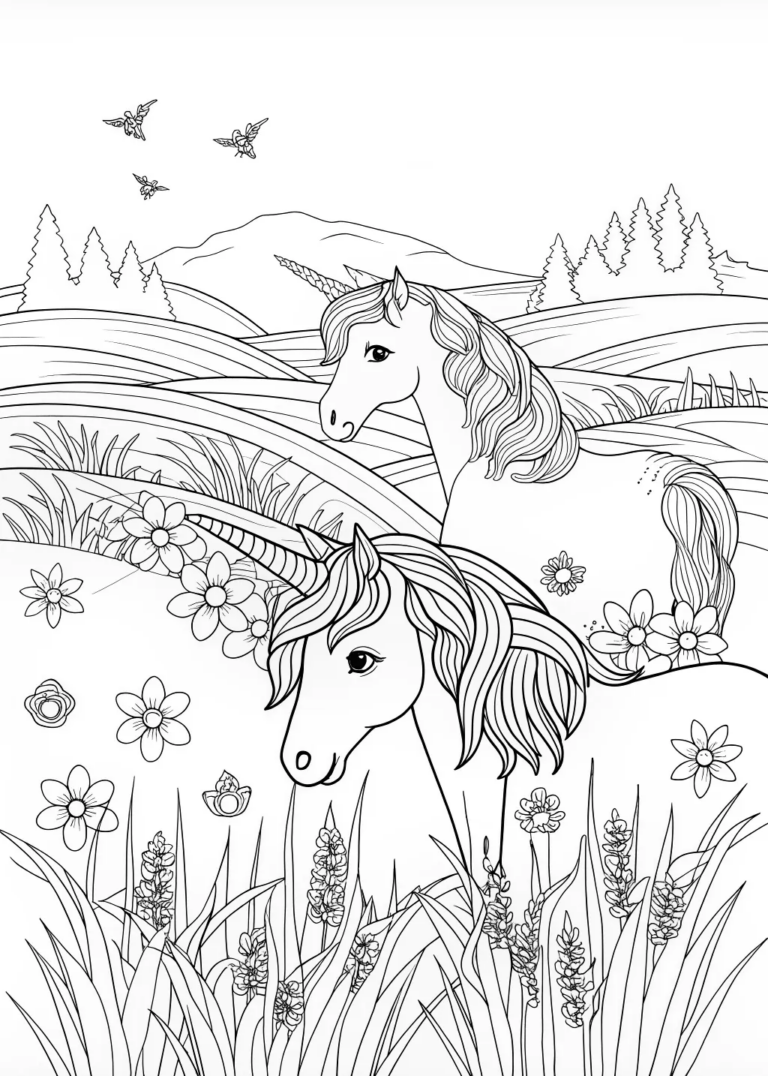 Enchanted Unicorn Gathering in Mystical Forest coloring pages