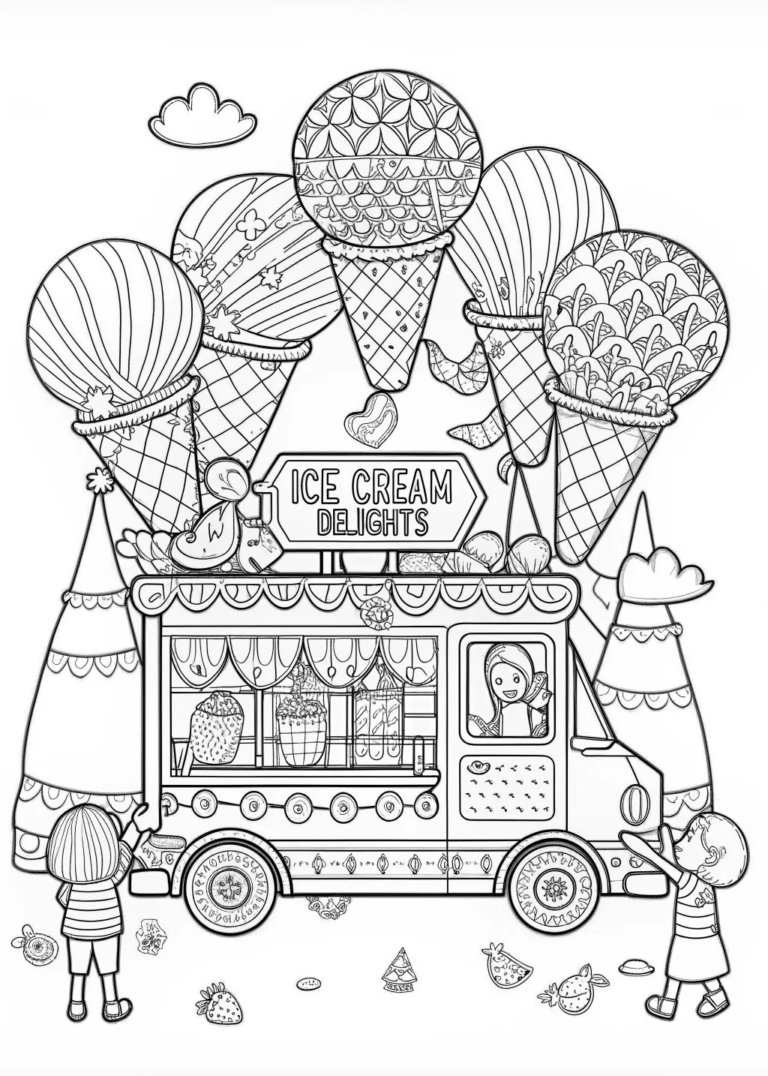 A coloring page of Happy Ice Cream Cone Coloring Fun