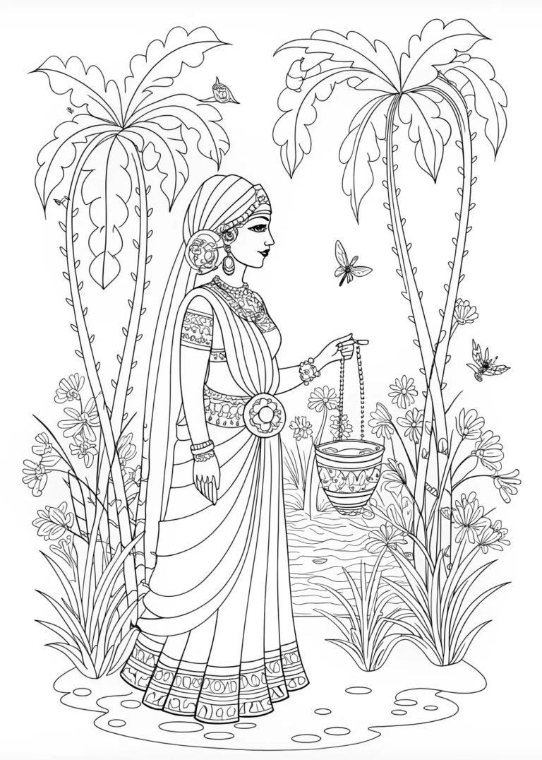 A coloring page of Indian Princess in a Garden Oasis