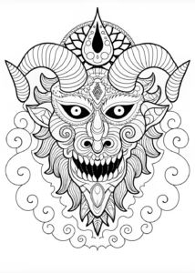A coloring page of Intricate Demon with Ram Horns Coloring Page