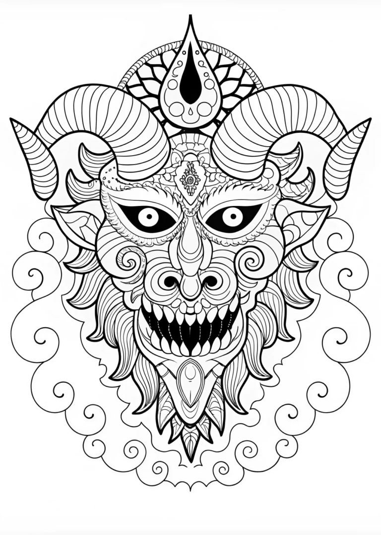 Intricate Demon with Ram Horns Coloring Page coloring pages