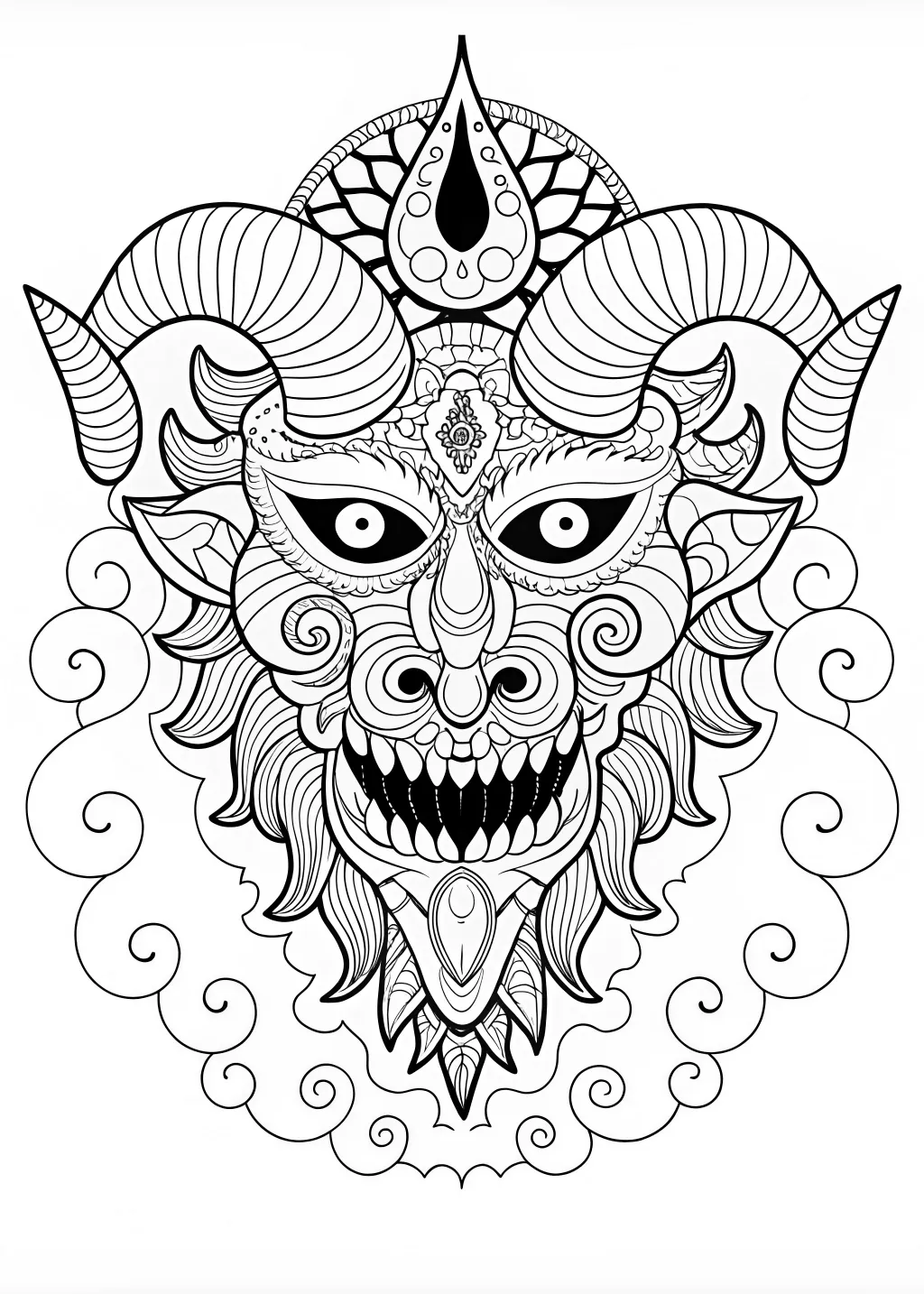 Intricate Demon with Ram Horns Coloring Page