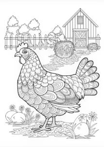 A coloring page of Intricate Hen in the Farmyard