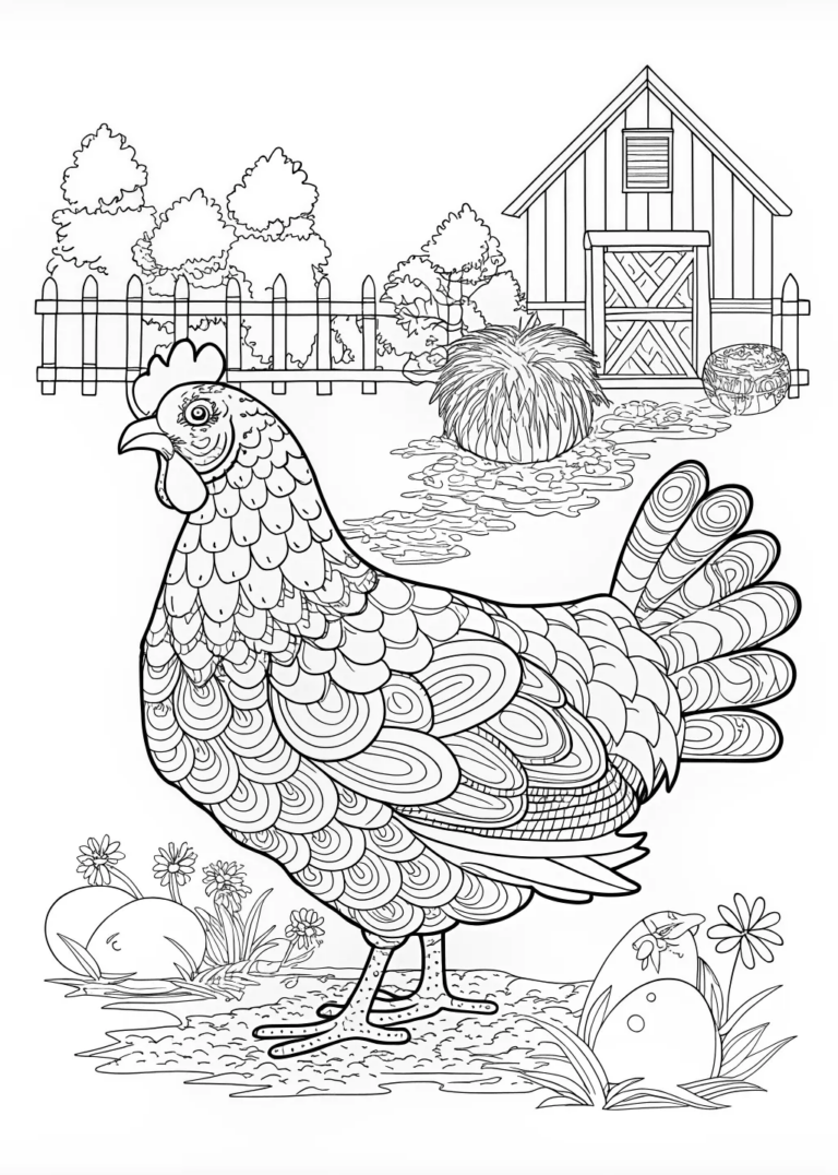 A coloring page of Intricate Hen in the Farmyard