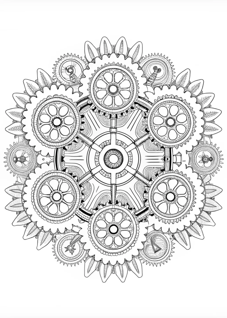 A coloring page of Intricate Mechanical Mandala