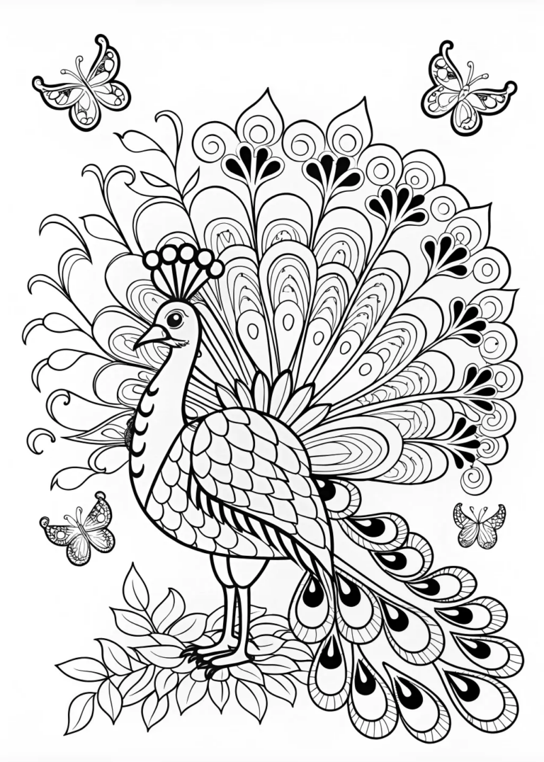 A coloring page of Intricate Peacock Coloring Page