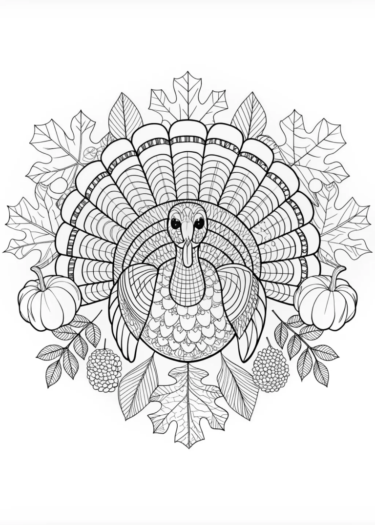 Intricate Thanksgiving Turkey with Fall Leaves coloring pages