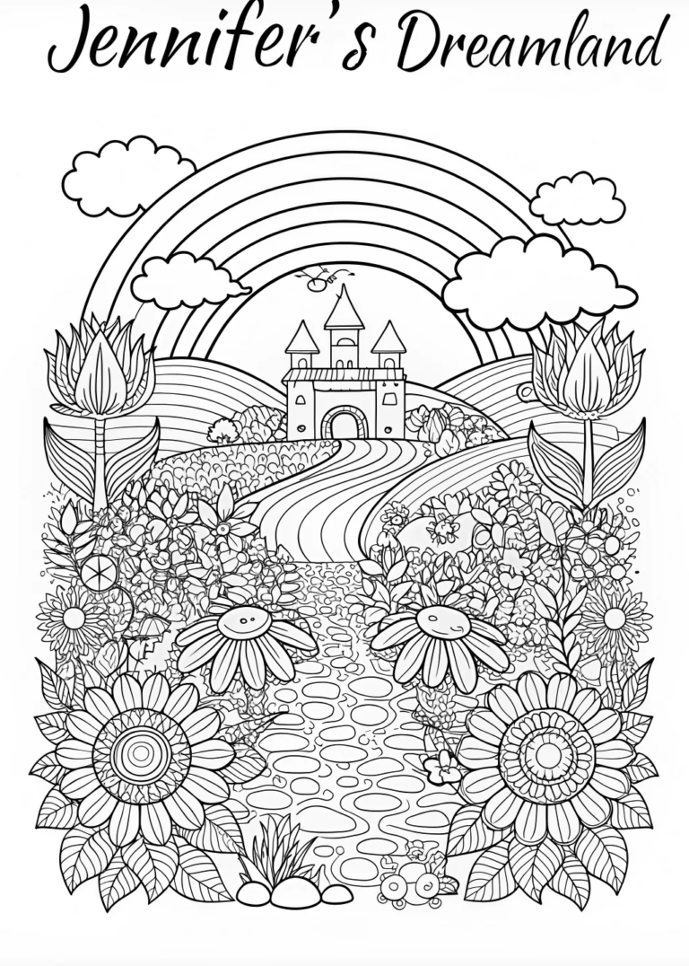 A coloring page of Jennifer’s Colorful Dreamland