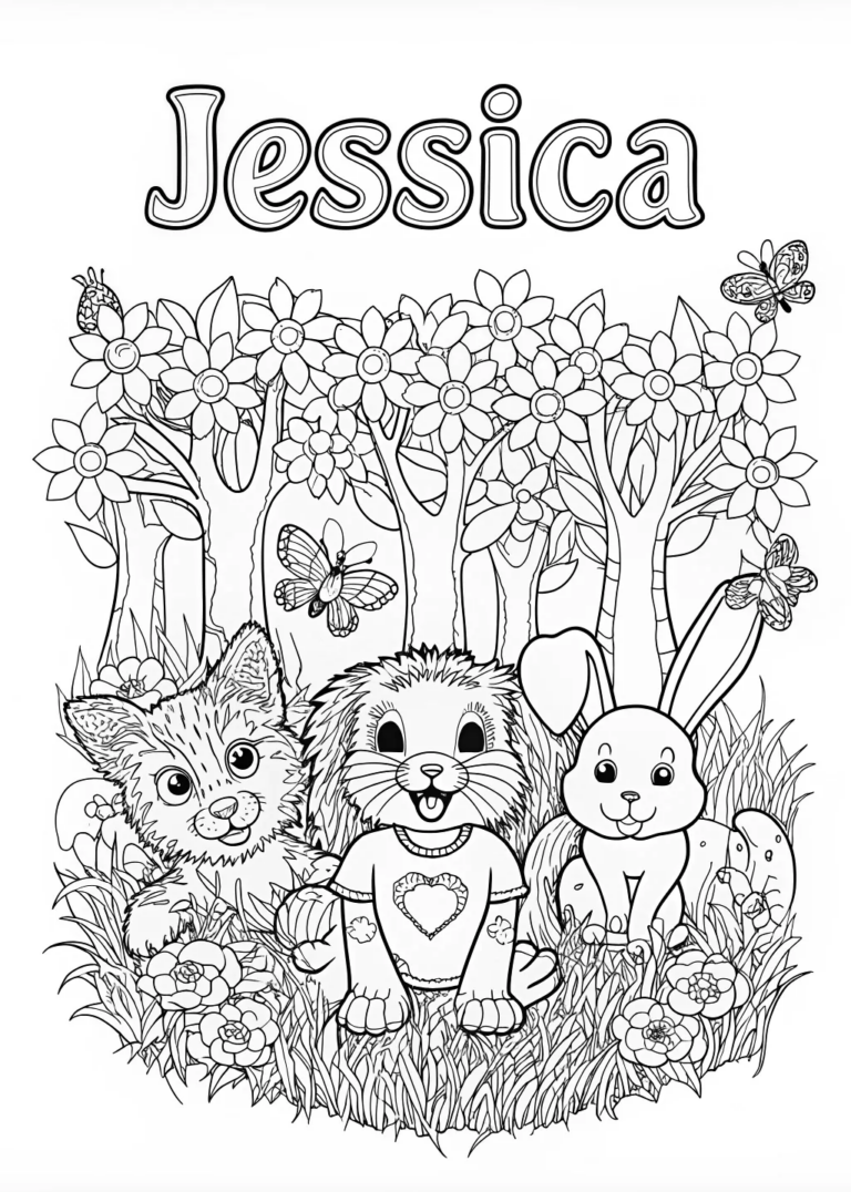 A coloring page of Jessica’s Animal Friends Coloring Page