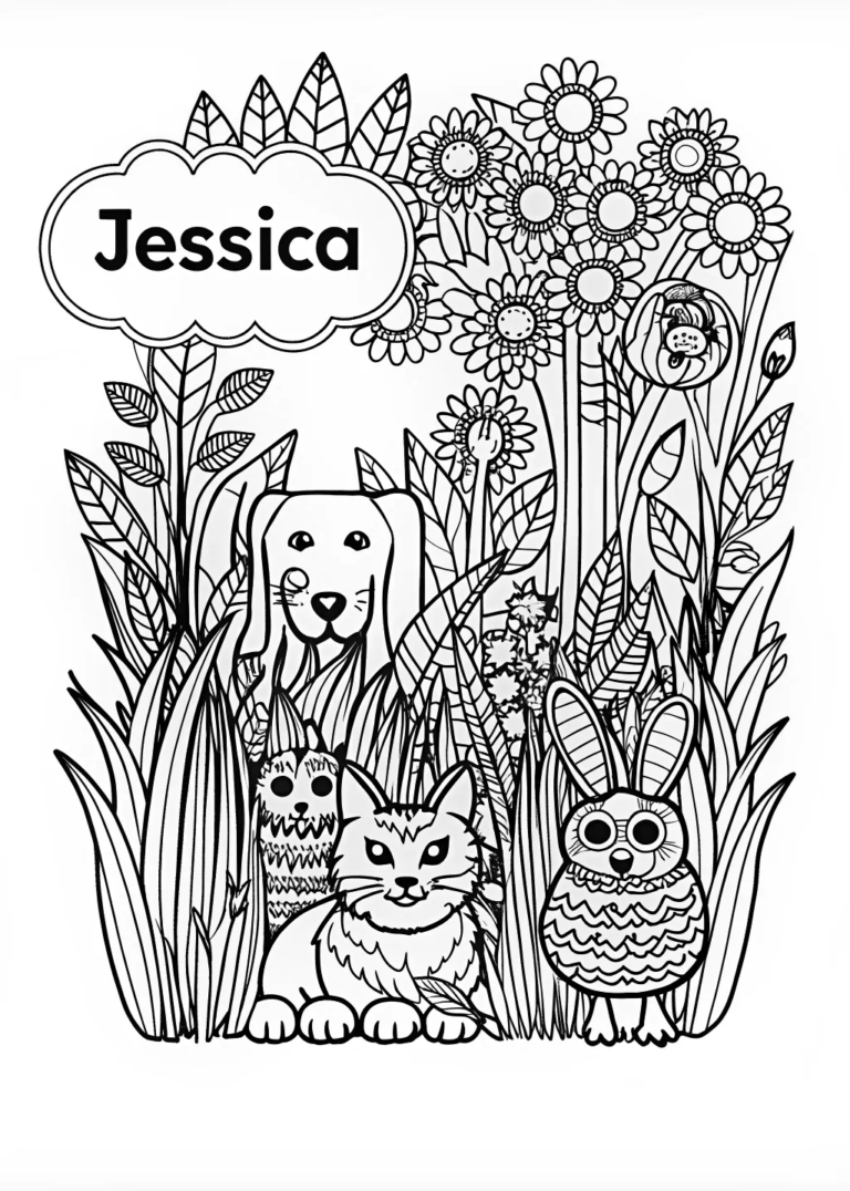 A coloring page of Jessica’s Animal Friends Coloring Page