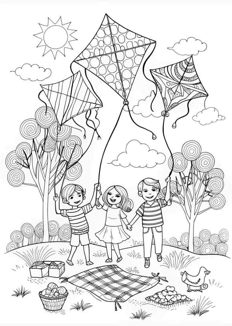 Kite Flying Fun: Kids Enjoy a Breezy Afternoon coloring pages