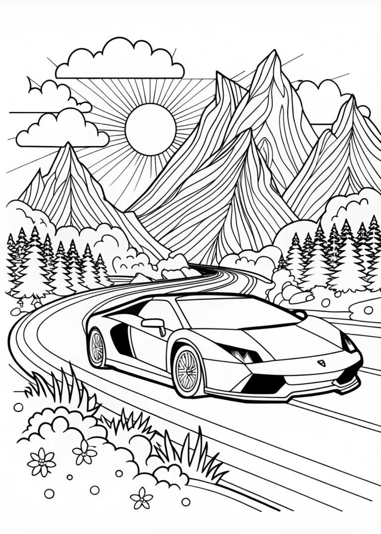 Lamborghini on a Scenic Mountain Drive Coloring Page coloring pages