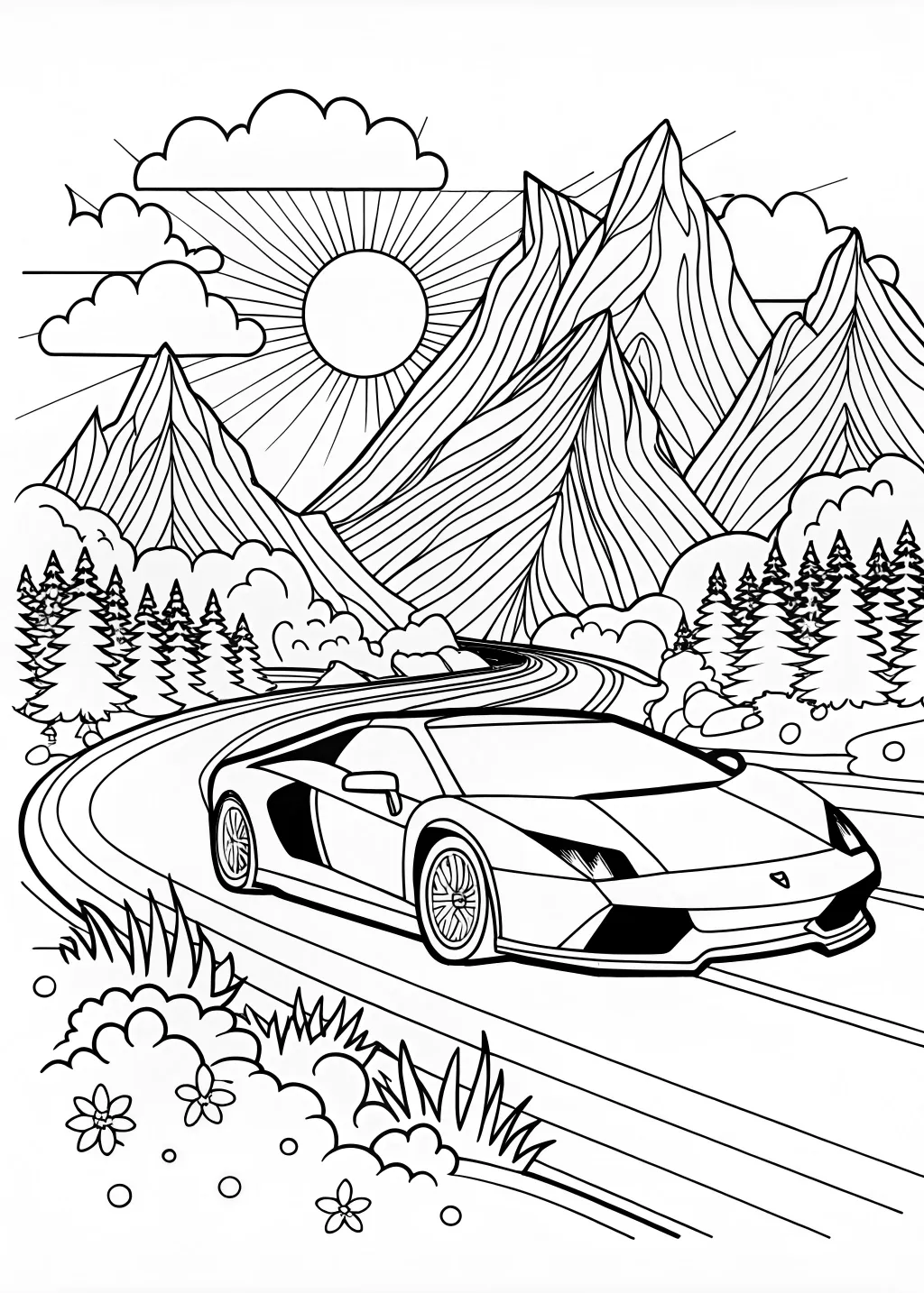 Lamborghini on a Scenic Mountain Drive Coloring Page