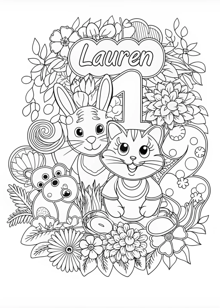 A coloring page of Lauren’s Cute Animal Friends Coloring Page