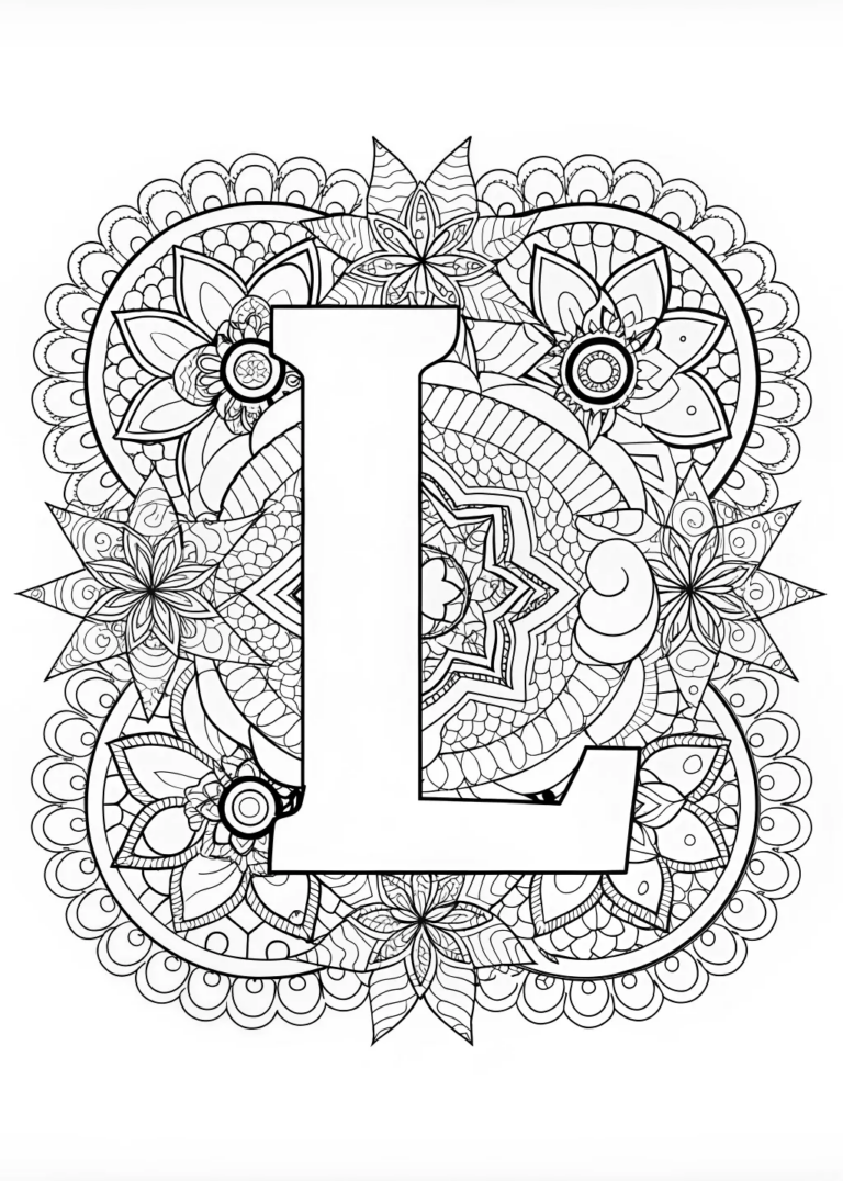 A coloring page of Letter L Amidst Stars and Hearts