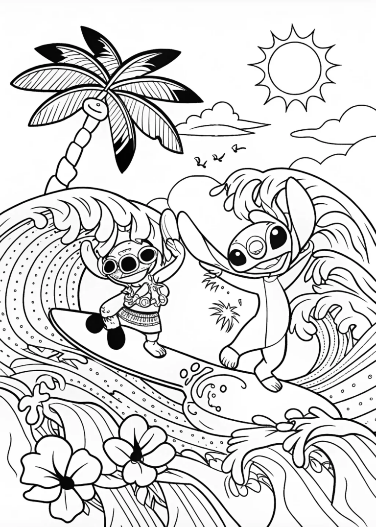 A coloring page of Lilo and Stitch Surfing Adventure