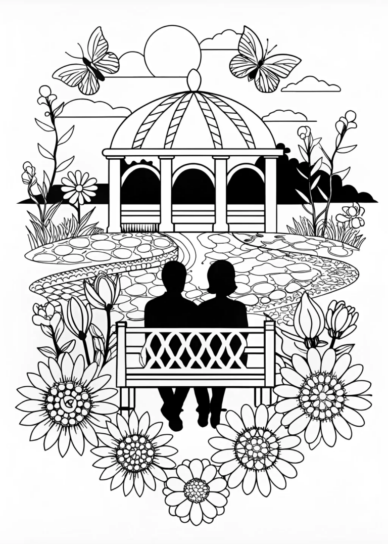 A coloring page of Love in the Garden Coloring Page