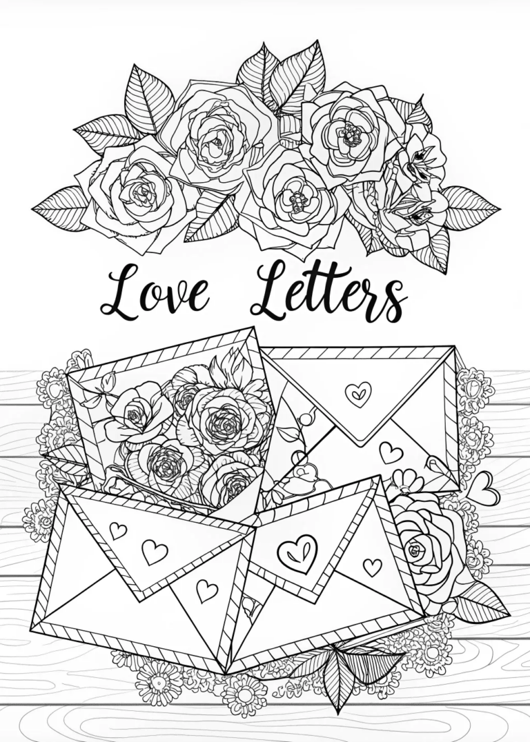 Love Letters and Roses Coloring Page coloring pages