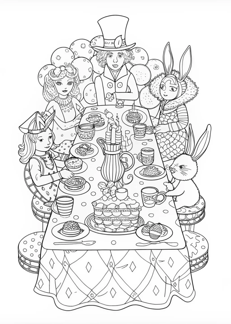 A coloring page of Mad Hatter’s Whimsical Tea Party Coloring Page