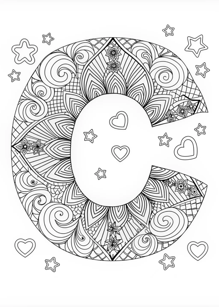 A coloring page of “Magical Letter C with Stars and Hearts Coloring Page”